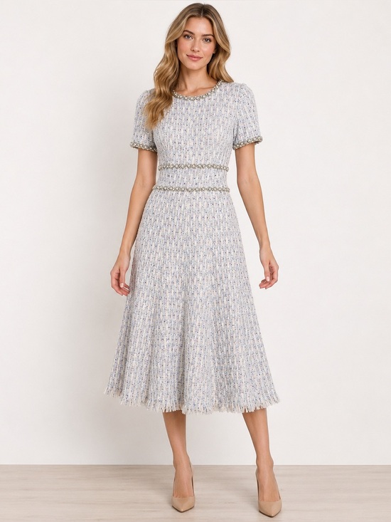 Mac Duggal Blue Tweed Pearl Rhinestone Embellished Midi Dress Size 6 Nwt